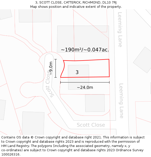 3, SCOTT CLOSE, CATTERICK, RICHMOND, DL10 7RJ: Plot and title map