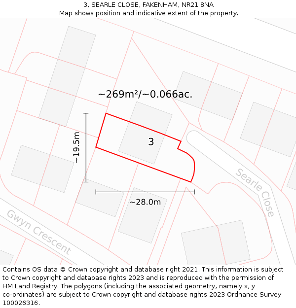 3, SEARLE CLOSE, FAKENHAM, NR21 8NA: Plot and title map
