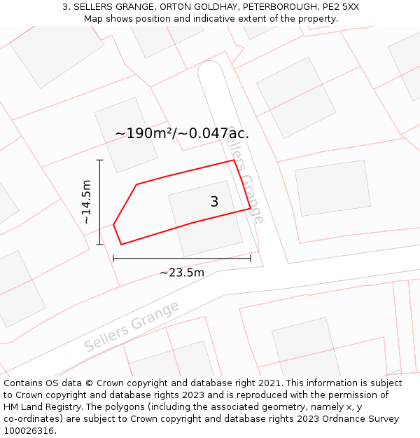 3, SELLERS GRANGE, ORTON GOLDHAY, PETERBOROUGH, PE2 5XX: Plot and title map