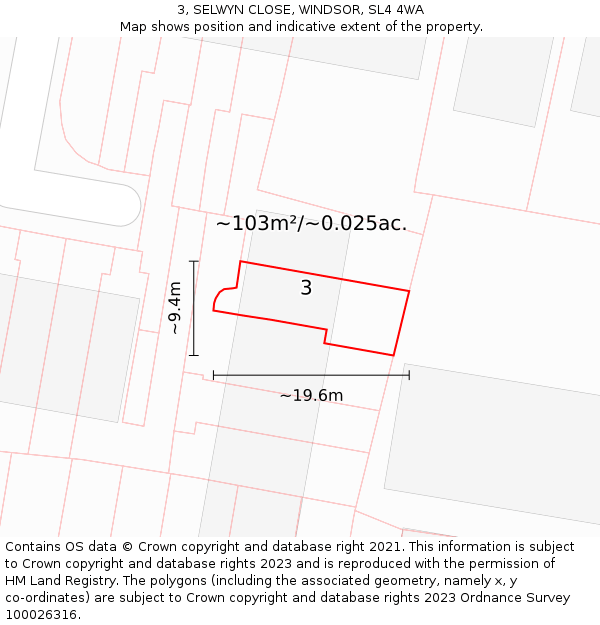 3, SELWYN CLOSE, WINDSOR, SL4 4WA: Plot and title map