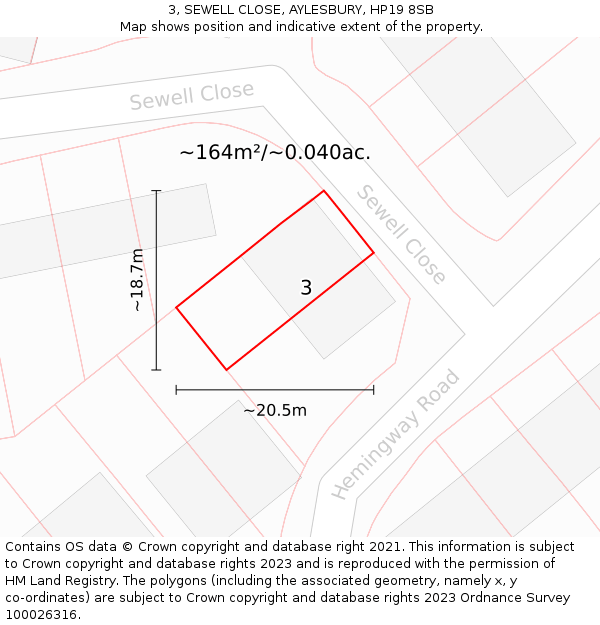 3, SEWELL CLOSE, AYLESBURY, HP19 8SB: Plot and title map