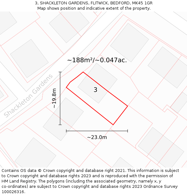 3, SHACKLETON GARDENS, FLITWICK, BEDFORD, MK45 1GR: Plot and title map