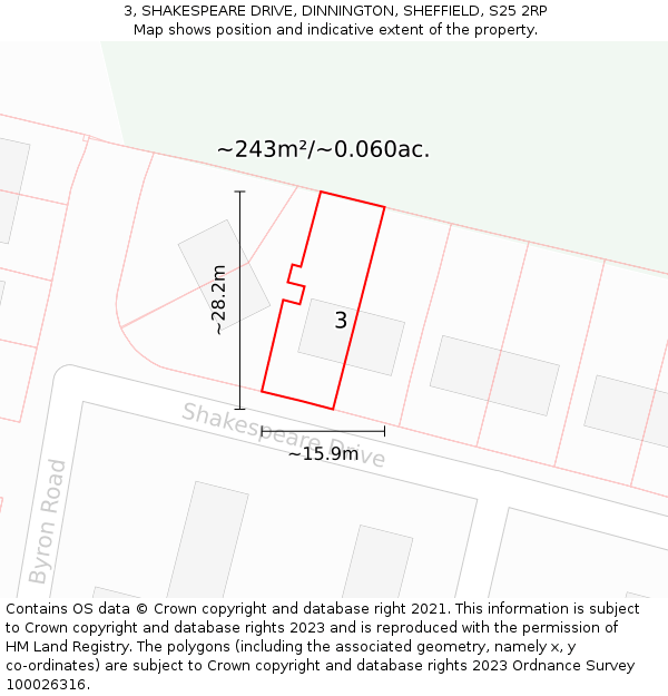 3, SHAKESPEARE DRIVE, DINNINGTON, SHEFFIELD, S25 2RP: Plot and title map
