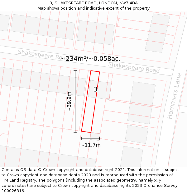 3, SHAKESPEARE ROAD, LONDON, NW7 4BA: Plot and title map