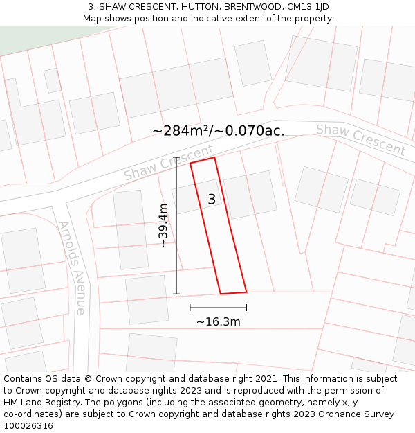 3, SHAW CRESCENT, HUTTON, BRENTWOOD, CM13 1JD: Plot and title map