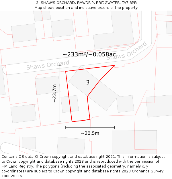 3, SHAW'S ORCHARD, BAWDRIP, BRIDGWATER, TA7 8PB: Plot and title map
