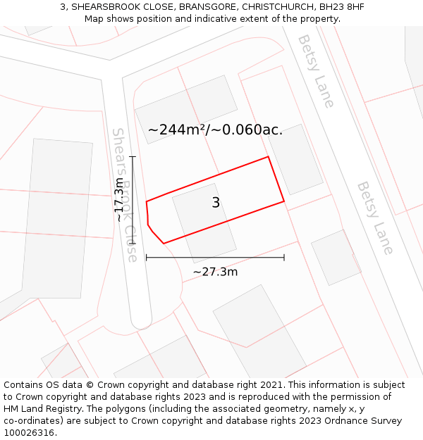 3, SHEARSBROOK CLOSE, BRANSGORE, CHRISTCHURCH, BH23 8HF: Plot and title map