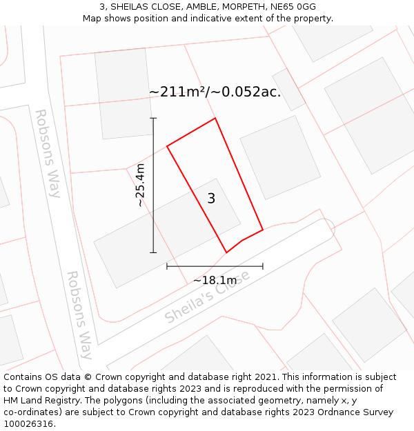 3, SHEILAS CLOSE, AMBLE, MORPETH, NE65 0GG: Plot and title map