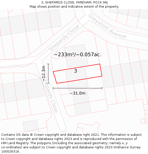 3, SHEPARDS CLOSE, FAREHAM, PO14 3AJ: Plot and title map