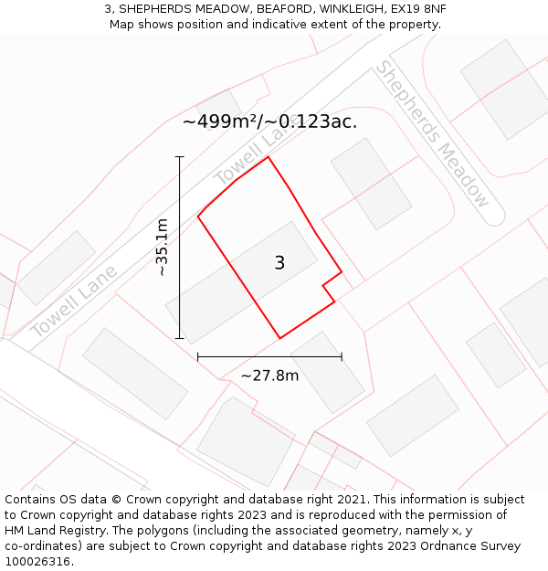 3, SHEPHERDS MEADOW, BEAFORD, WINKLEIGH, EX19 8NF: Plot and title map