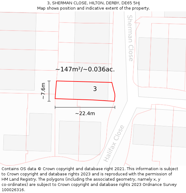 3, SHERMAN CLOSE, HILTON, DERBY, DE65 5HJ: Plot and title map