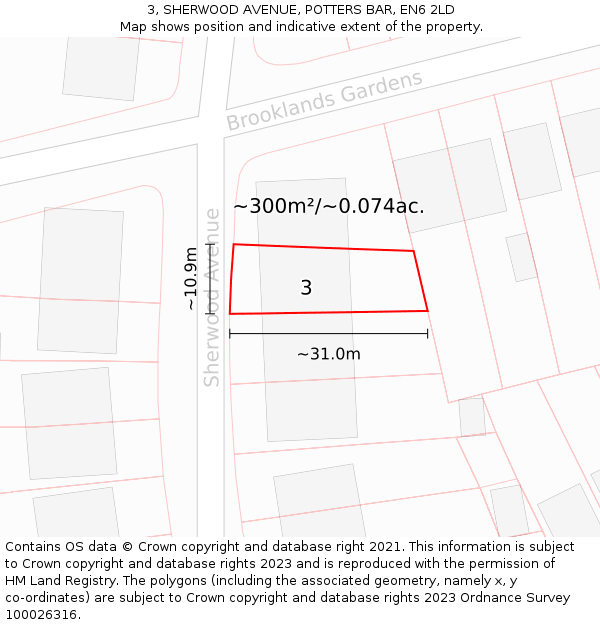 3, SHERWOOD AVENUE, POTTERS BAR, EN6 2LD: Plot and title map