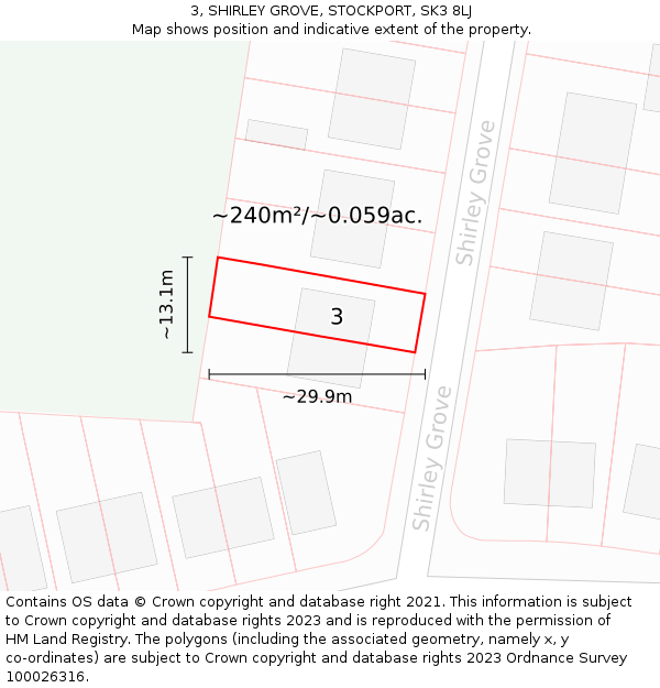 3, SHIRLEY GROVE, STOCKPORT, SK3 8LJ: Plot and title map