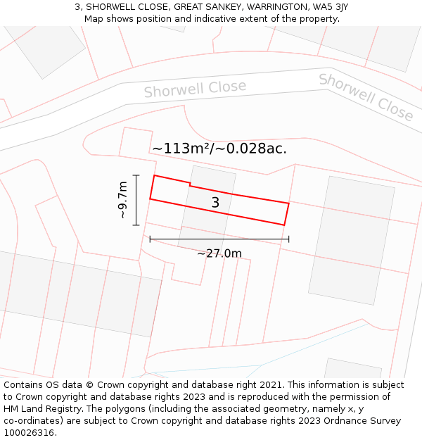 3, SHORWELL CLOSE, GREAT SANKEY, WARRINGTON, WA5 3JY: Plot and title map