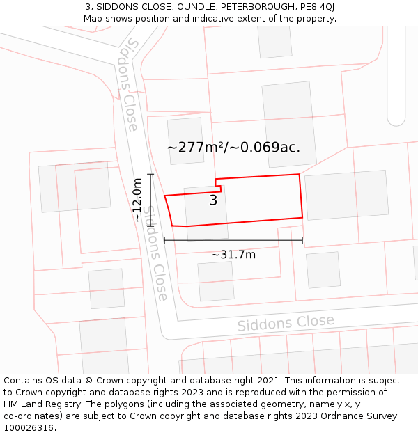 3, SIDDONS CLOSE, OUNDLE, PETERBOROUGH, PE8 4QJ: Plot and title map