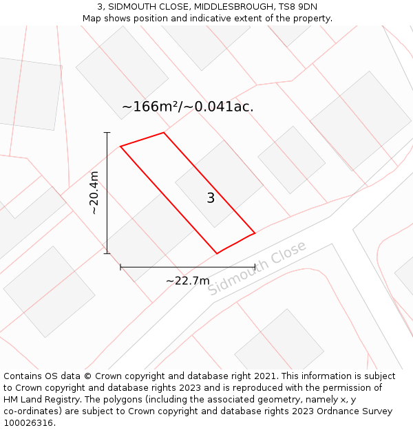 3, SIDMOUTH CLOSE, MIDDLESBROUGH, TS8 9DN: Plot and title map