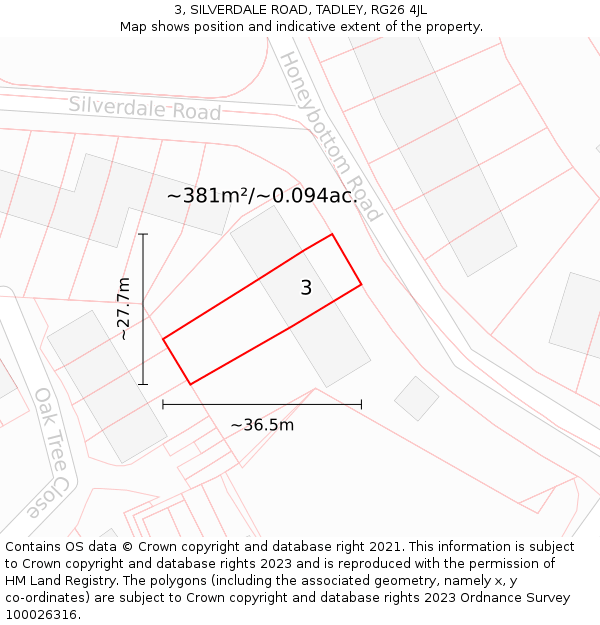 3, SILVERDALE ROAD, TADLEY, RG26 4JL: Plot and title map