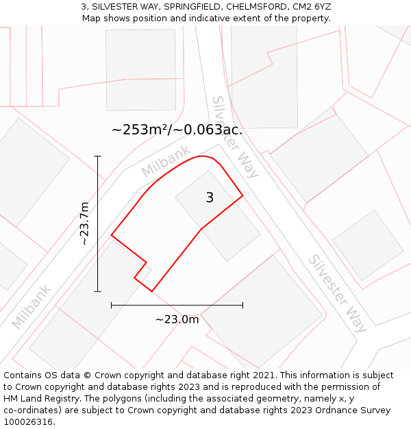 3, SILVESTER WAY, SPRINGFIELD, CHELMSFORD, CM2 6YZ: Plot and title map