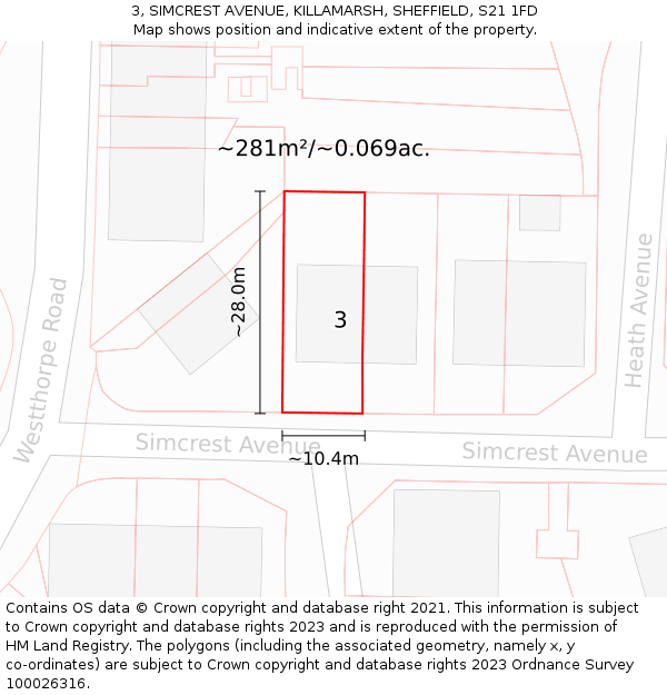 3, SIMCREST AVENUE, KILLAMARSH, SHEFFIELD, S21 1FD: Plot and title map