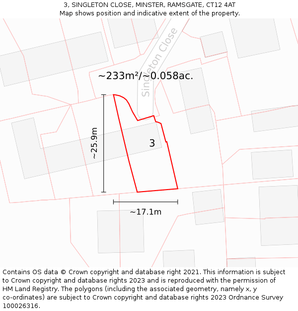 3, SINGLETON CLOSE, MINSTER, RAMSGATE, CT12 4AT: Plot and title map