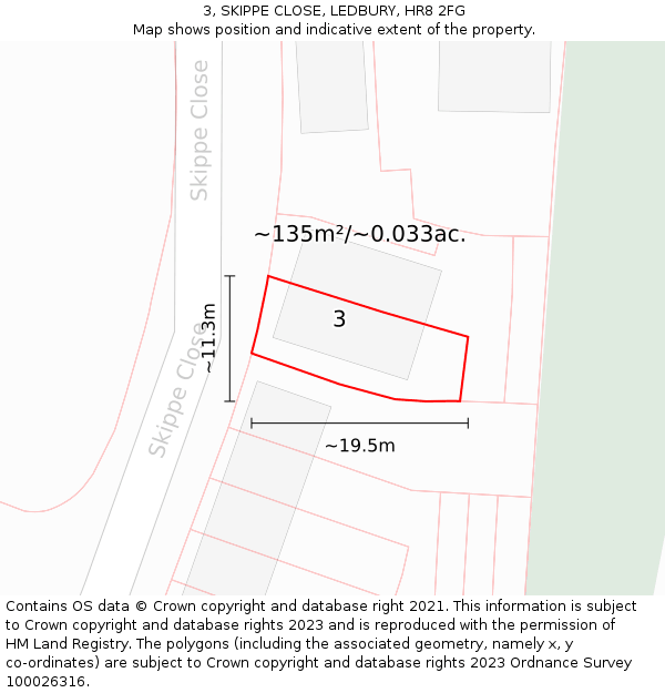 3, SKIPPE CLOSE, LEDBURY, HR8 2FG: Plot and title map