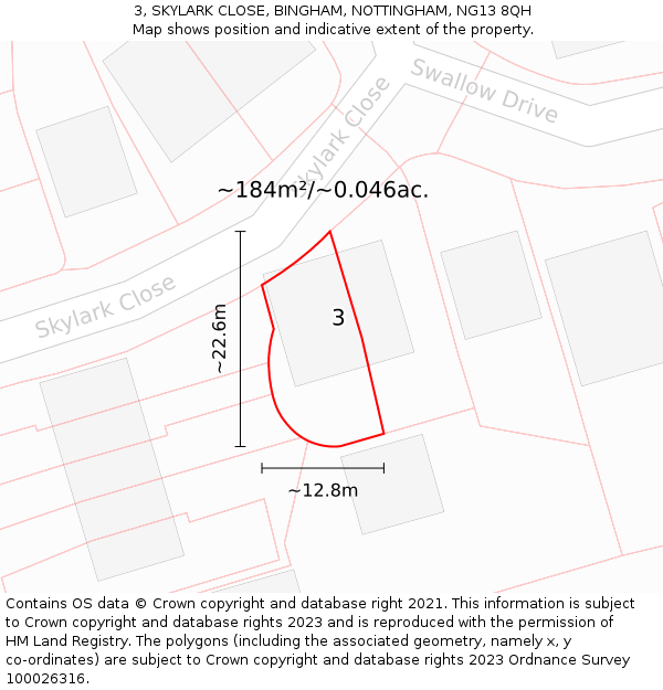 3, SKYLARK CLOSE, BINGHAM, NOTTINGHAM, NG13 8QH: Plot and title map