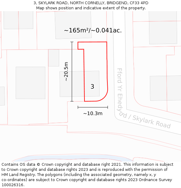 3, SKYLARK ROAD, NORTH CORNELLY, BRIDGEND, CF33 4PD: Plot and title map