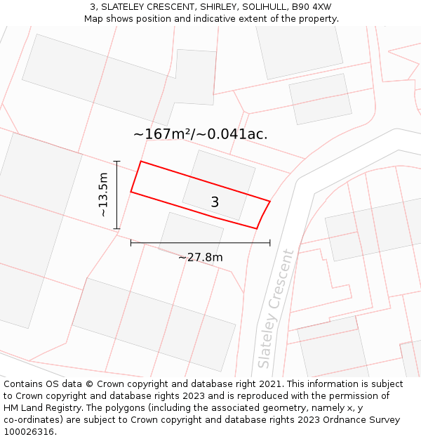 3, SLATELEY CRESCENT, SHIRLEY, SOLIHULL, B90 4XW: Plot and title map