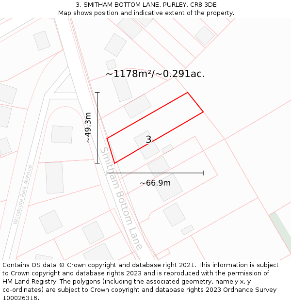 3, SMITHAM BOTTOM LANE, PURLEY, CR8 3DE: Plot and title map