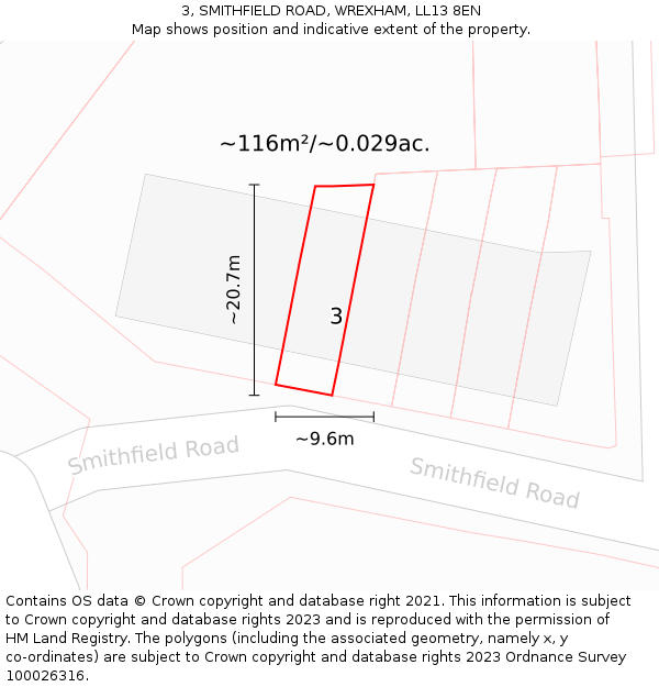3, SMITHFIELD ROAD, WREXHAM, LL13 8EN: Plot and title map