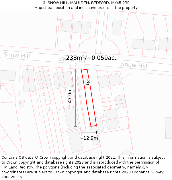 3, SNOW HILL, MAULDEN, BEDFORD, MK45 2BP: Plot and title map