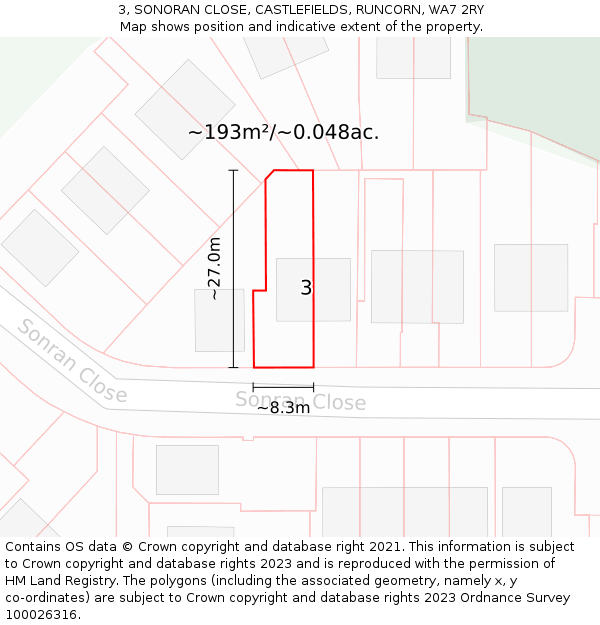 3, SONORAN CLOSE, CASTLEFIELDS, RUNCORN, WA7 2RY: Plot and title map
