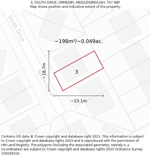 3, SOUTH DRIVE, ORMESBY, MIDDLESBROUGH, TS7 9BP: Plot and title map