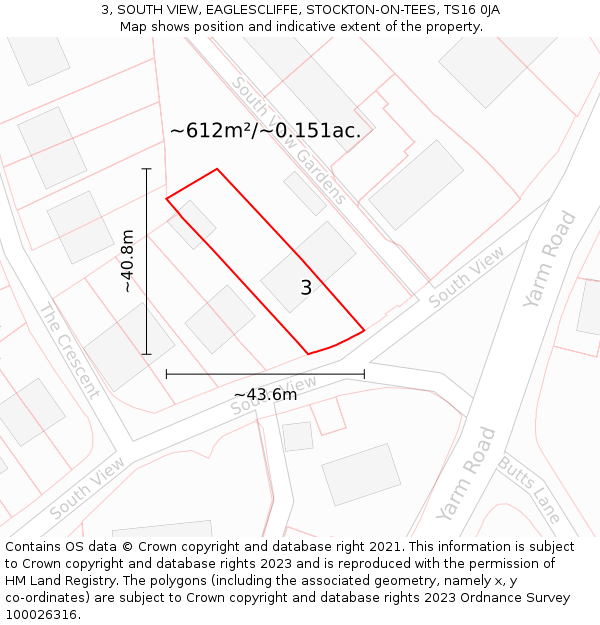 3, SOUTH VIEW, EAGLESCLIFFE, STOCKTON-ON-TEES, TS16 0JA: Plot and title map