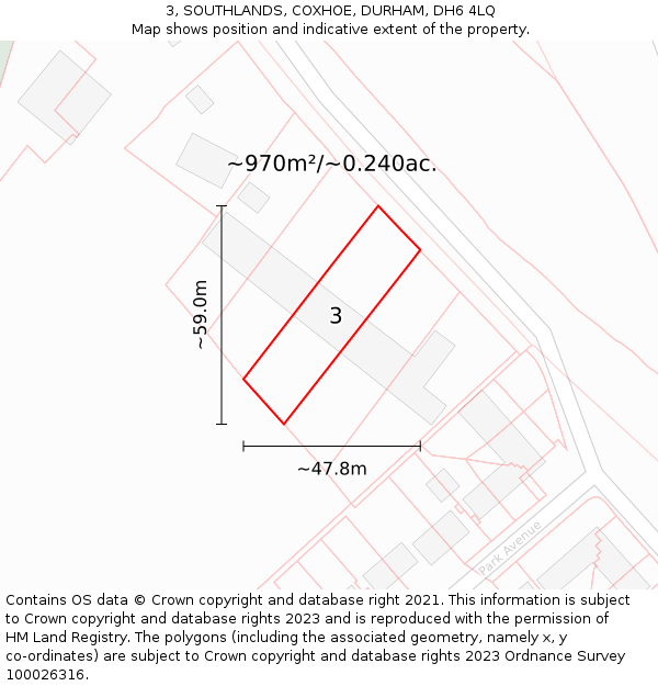 3, SOUTHLANDS, COXHOE, DURHAM, DH6 4LQ: Plot and title map