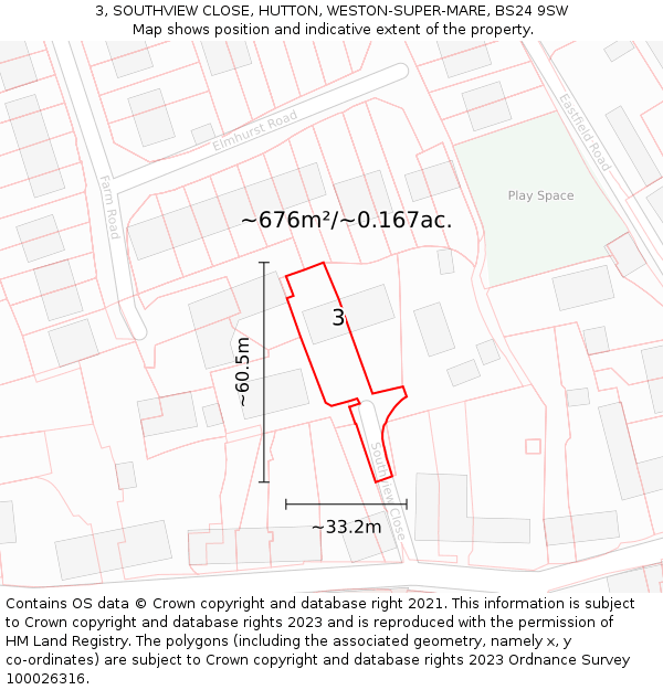 3, SOUTHVIEW CLOSE, HUTTON, WESTON-SUPER-MARE, BS24 9SW: Plot and title map