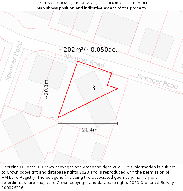 3, SPENCER ROAD, CROWLAND, PETERBOROUGH, PE6 0FL: Plot and title map