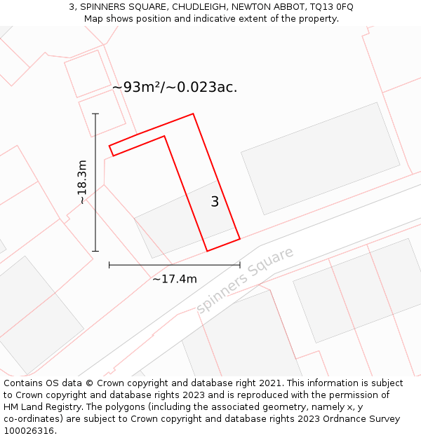 3, SPINNERS SQUARE, CHUDLEIGH, NEWTON ABBOT, TQ13 0FQ: Plot and title map