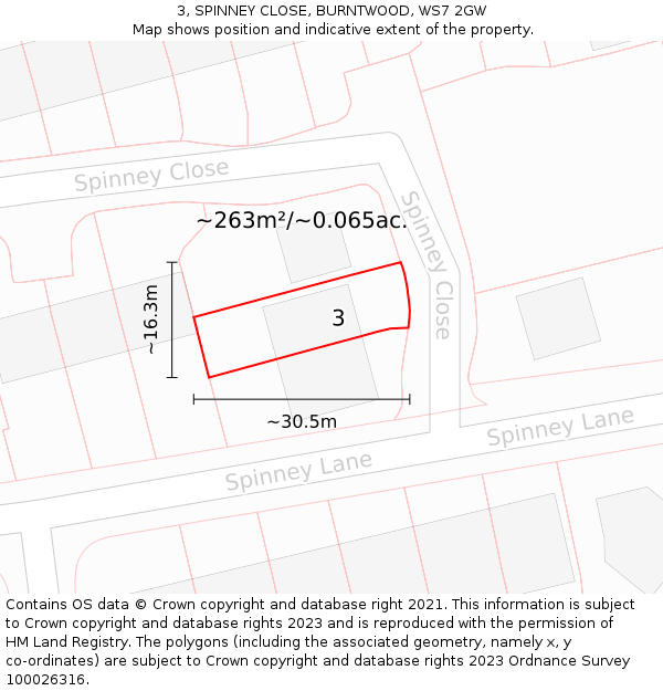 3, SPINNEY CLOSE, BURNTWOOD, WS7 2GW: Plot and title map