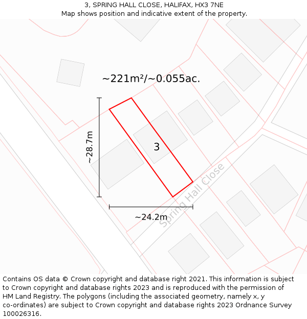 3, SPRING HALL CLOSE, HALIFAX, HX3 7NE: Plot and title map
