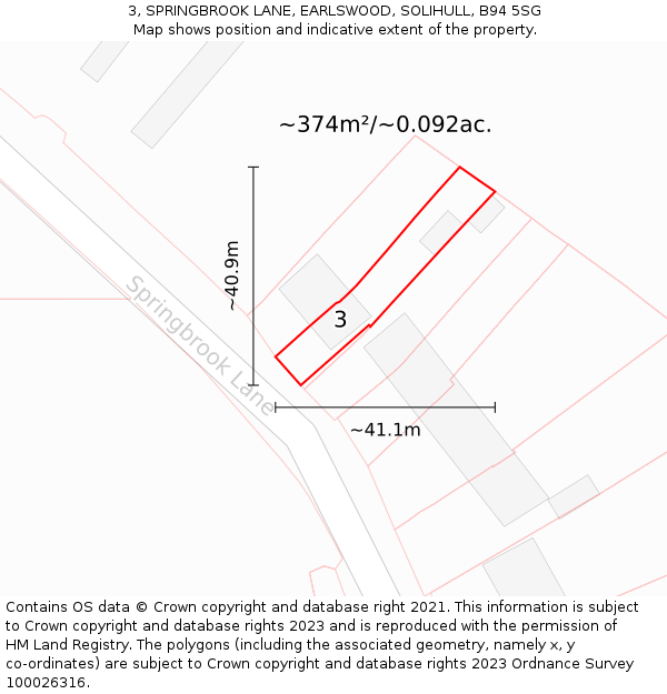 3, SPRINGBROOK LANE, EARLSWOOD, SOLIHULL, B94 5SG: Plot and title map