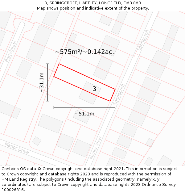 3, SPRINGCROFT, HARTLEY, LONGFIELD, DA3 8AR: Plot and title map