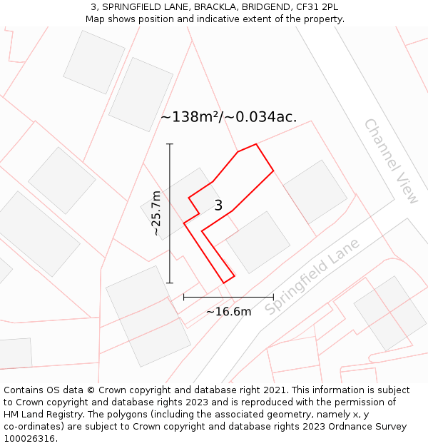 3, SPRINGFIELD LANE, BRACKLA, BRIDGEND, CF31 2PL: Plot and title map
