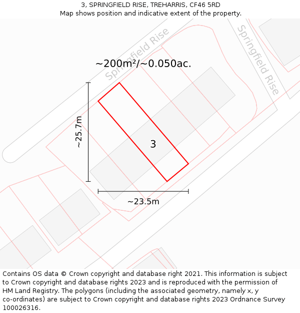 3, SPRINGFIELD RISE, TREHARRIS, CF46 5RD: Plot and title map