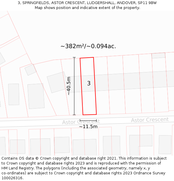 3, SPRINGFIELDS, ASTOR CRESCENT, LUDGERSHALL, ANDOVER, SP11 9BW: Plot and title map