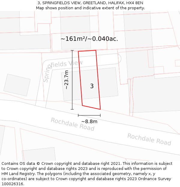 3, SPRINGFIELDS VIEW, GREETLAND, HALIFAX, HX4 8EN: Plot and title map