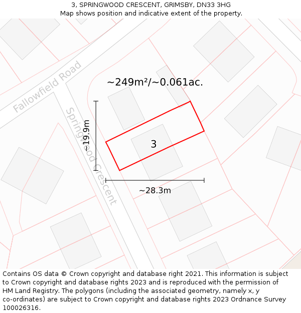 3, SPRINGWOOD CRESCENT, GRIMSBY, DN33 3HG: Plot and title map