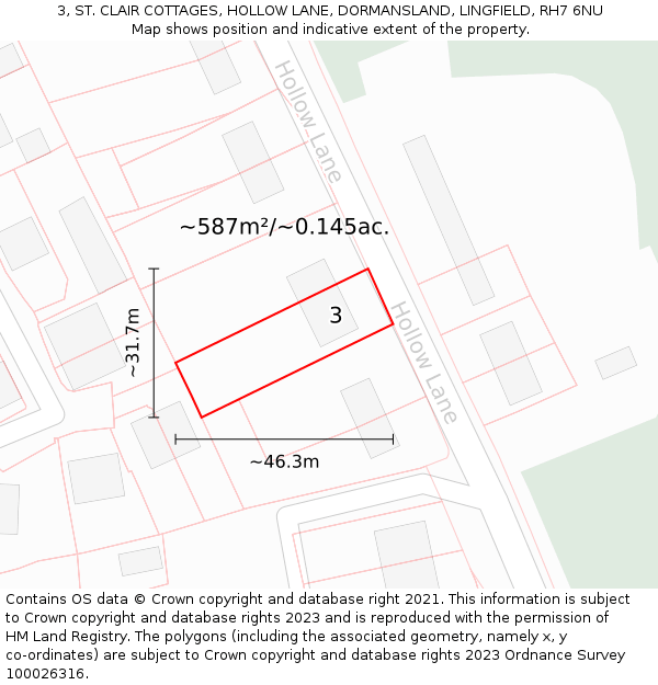 3, ST. CLAIR COTTAGES, HOLLOW LANE, DORMANSLAND, LINGFIELD, RH7 6NU: Plot and title map