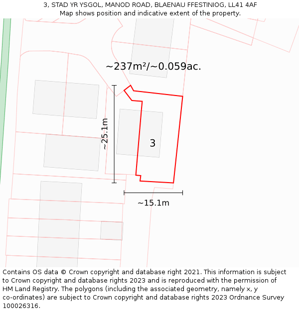 3, STAD YR YSGOL, MANOD ROAD, BLAENAU FFESTINIOG, LL41 4AF: Plot and title map