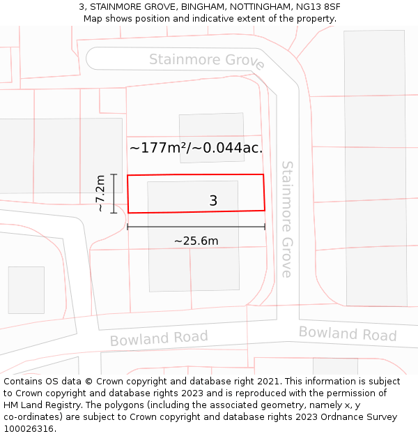 3, STAINMORE GROVE, BINGHAM, NOTTINGHAM, NG13 8SF: Plot and title map